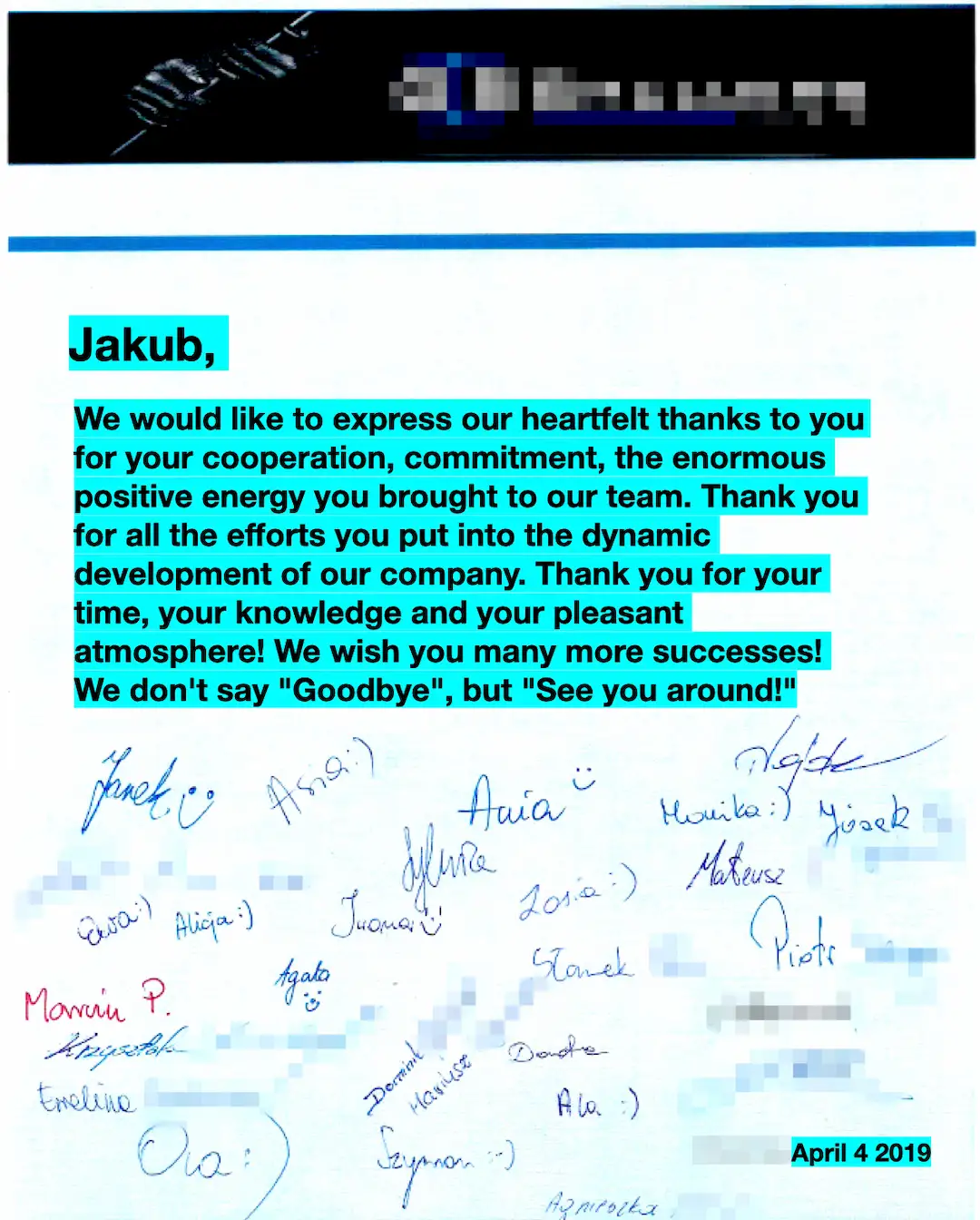 Acknowledgements from employees for cooperation