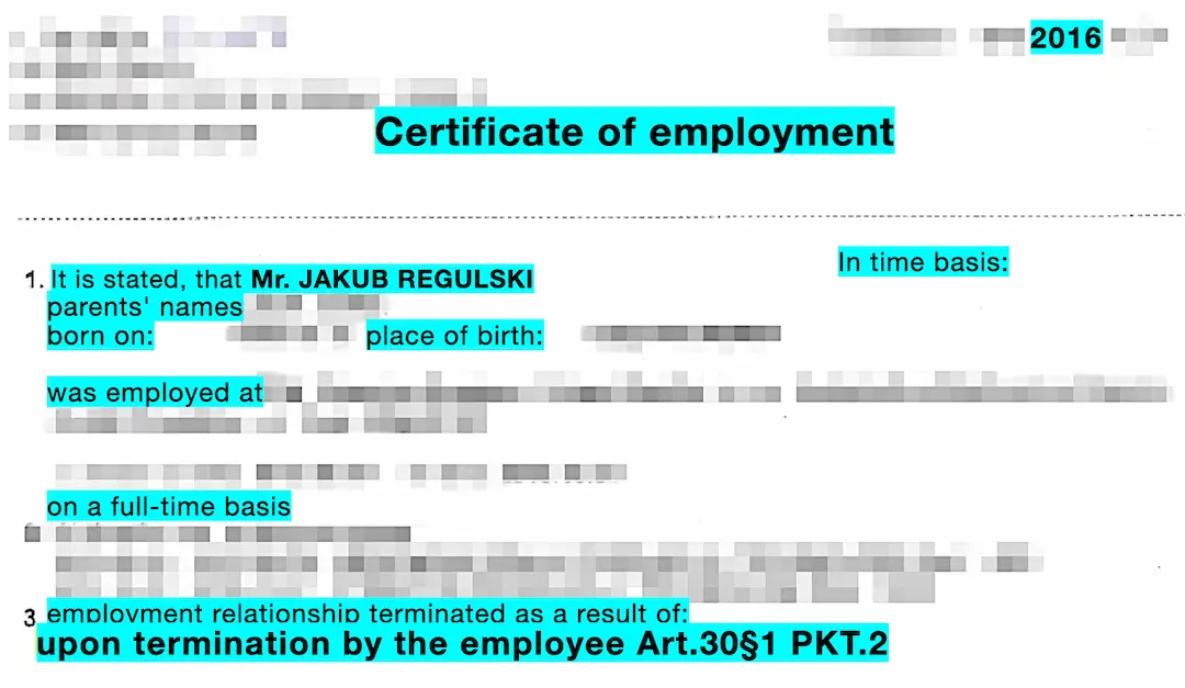 TRW labor certificate